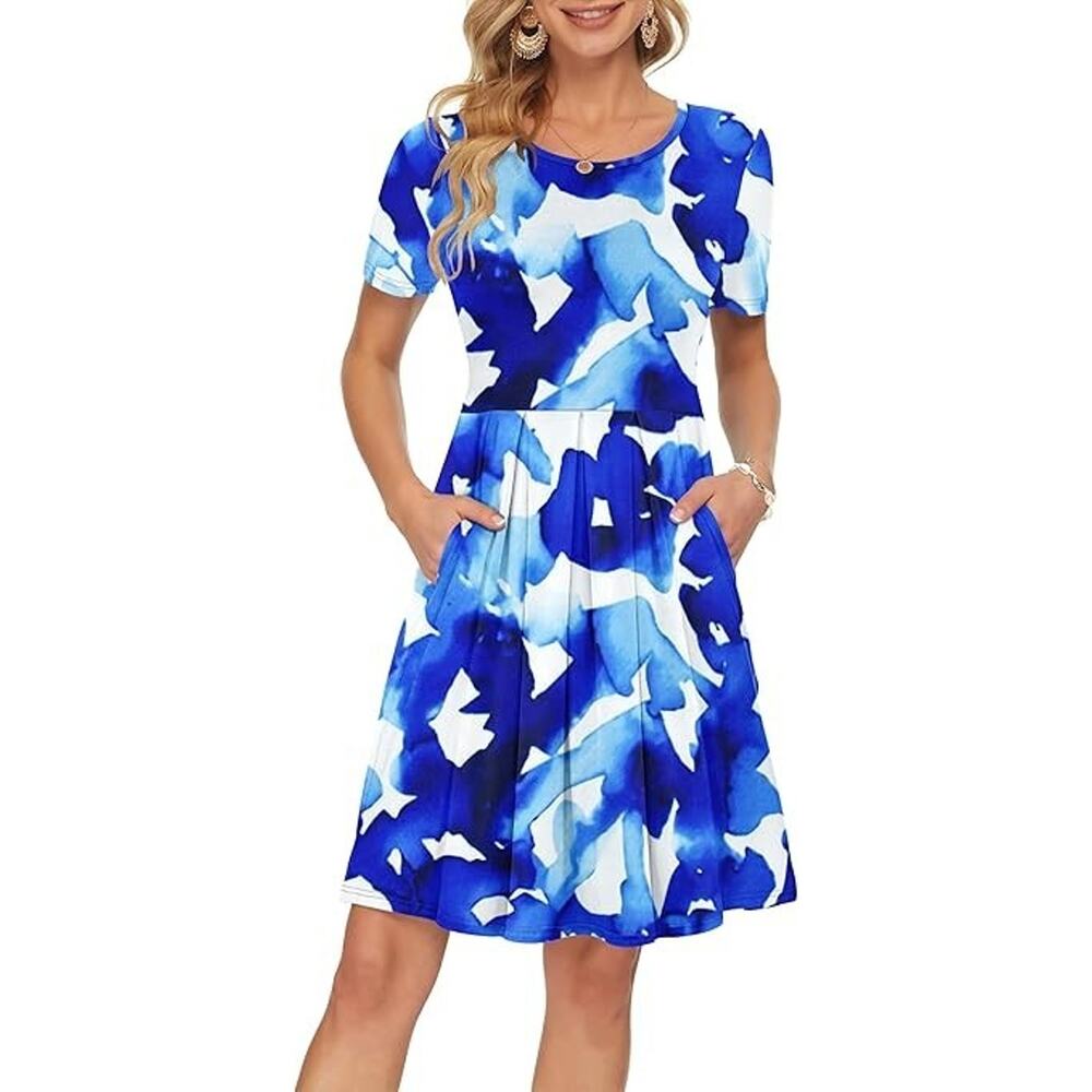 Short Sleeve Dress. Pleated Loose Swing Knee Length with Pockets, Ink blue, M